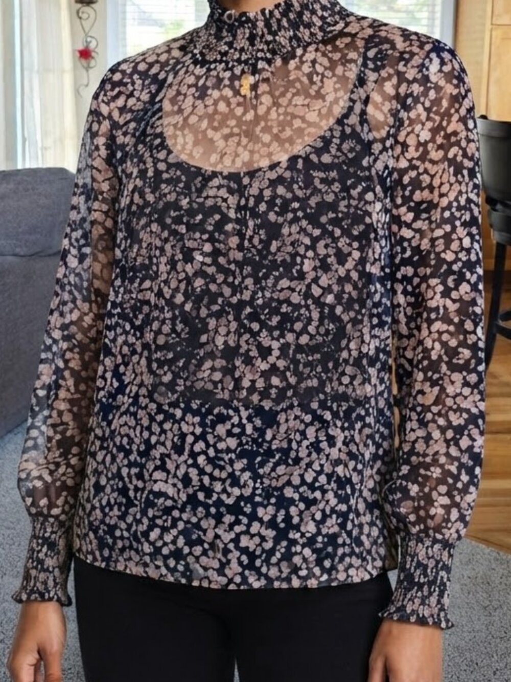 NWT Hayden sz large sheer long sleeve print black blouse